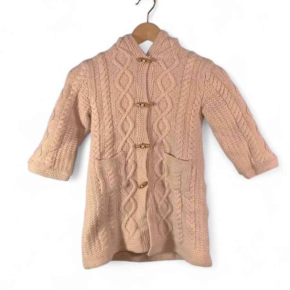 Bonpoint merino wool hooded sweater jacket coat  cable knit baby pink toggle 6